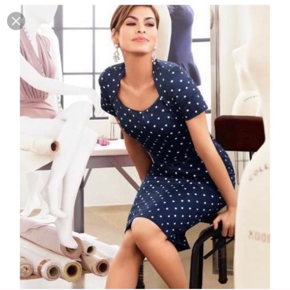 Navy  Blue Polka Dot Dress w/ Thin Belt